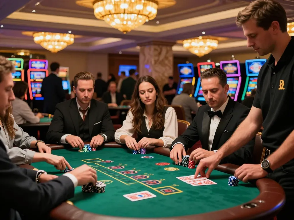 Players engaged at a blackjack table in the luxurious XXGG casino, capturing intense gaming moments
