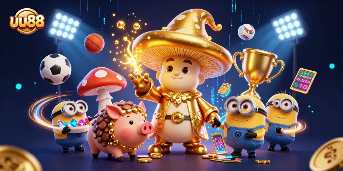 uu88 players winning with a golden wizard, treasure, and sports elements in a vibrant casino scene