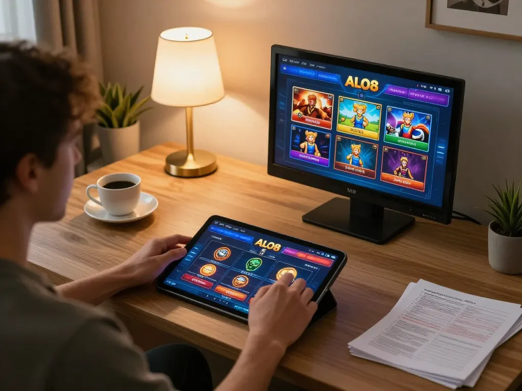 Engaging ALO8 online casino gaming experience with tablet and strategy notes
