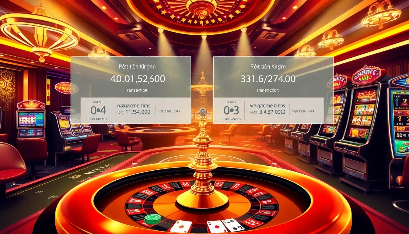 Rút tiền King88 interactions highlighted in a vibrant casino scene with roulette and poker elements.