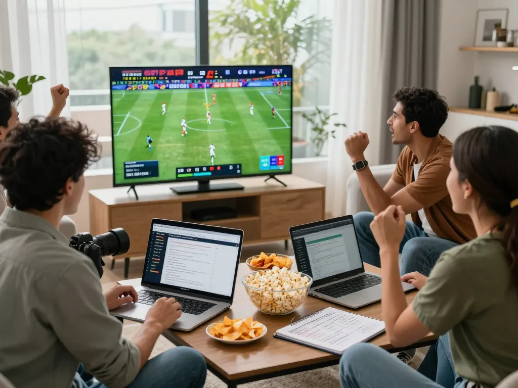 Friends enthusiastically watching a football match while analyzing tỷ lệ kèo and betting strategies for a successful experience.