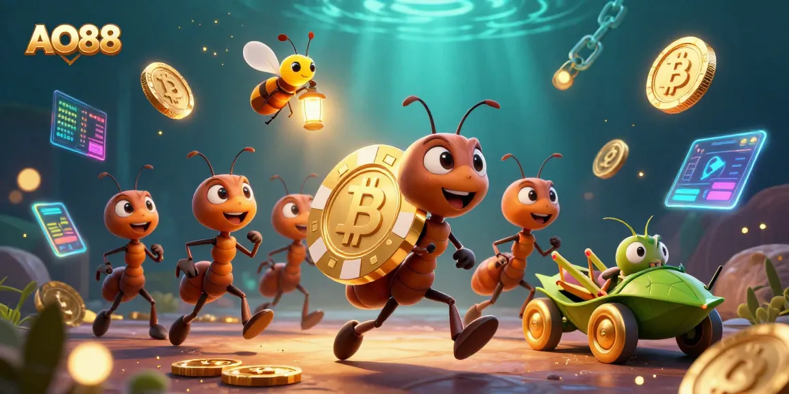 Join the thrilling AO88 heist with animated ants carrying a golden chip in an exciting casino scene.