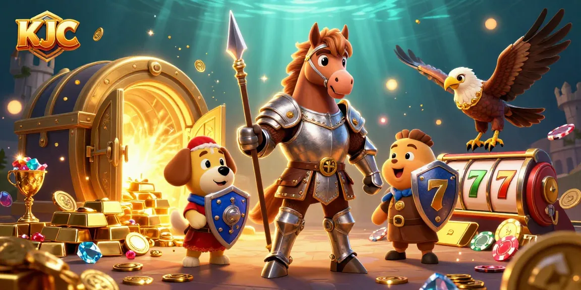 KJC knights and treasures celebrating a jackpot victory in a vibrant casino realm