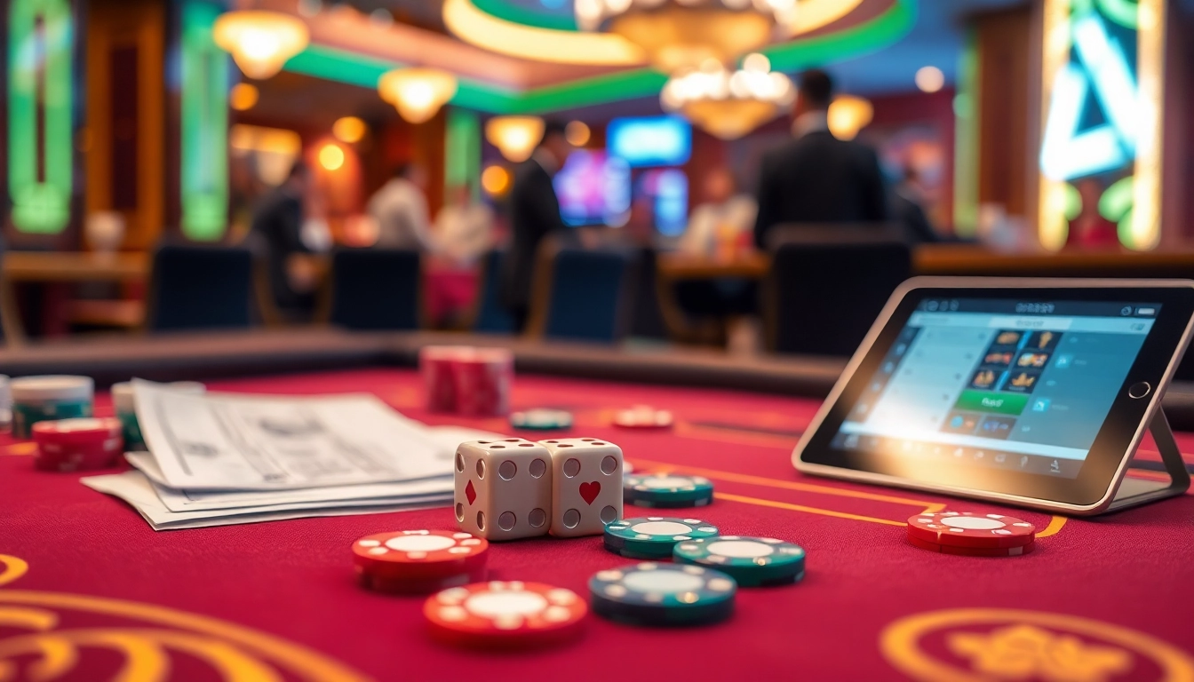Xóc đĩa online gameplay with colorful betting slips and dice on an elegant casino table.