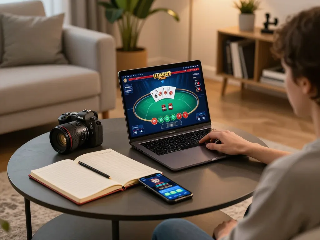 Engaging online poker session with lc88 on a stylish laptop in a cozy living room setting.