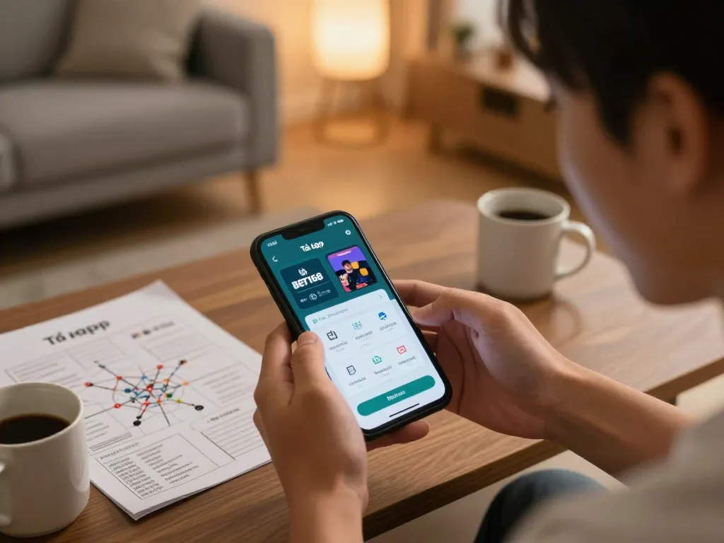 Excited player engaging with the mobile Tải app BET168 in a cozy living room setting