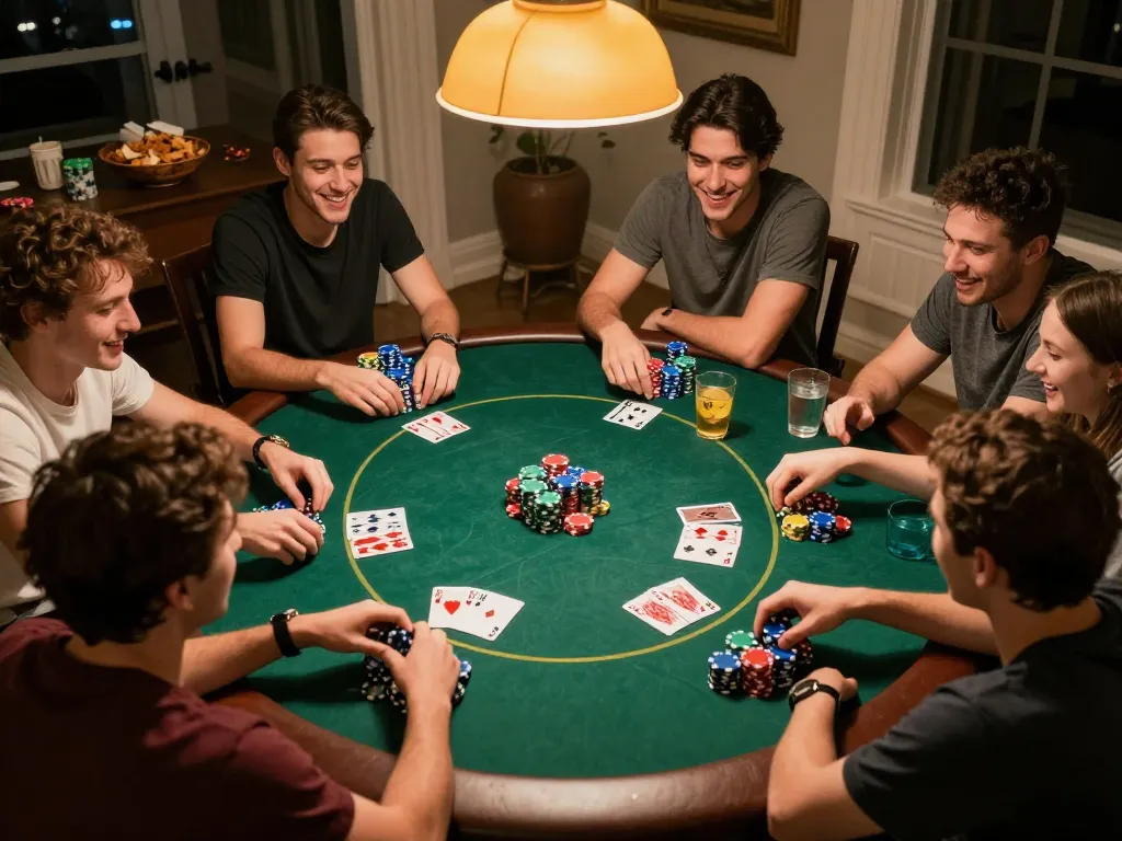 Friends enjoying a lively poker game at home, showcasing MM88 themed cards and chips