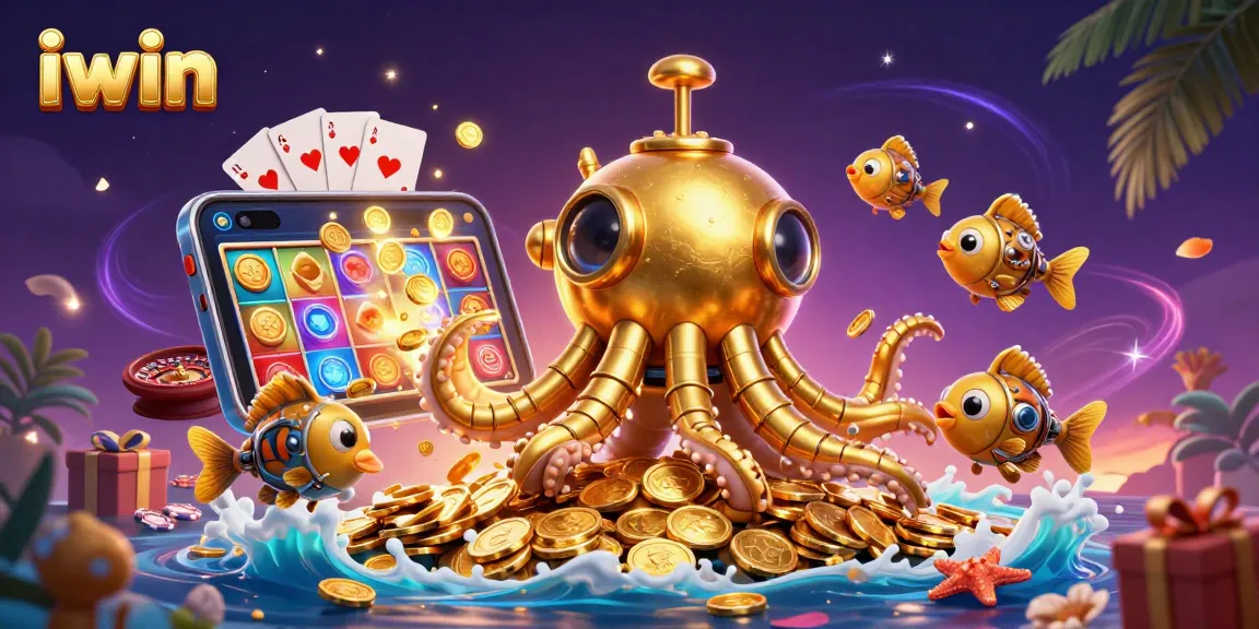 Join exciting iwin slot adventures with an animated kraken and colorful gamescape.