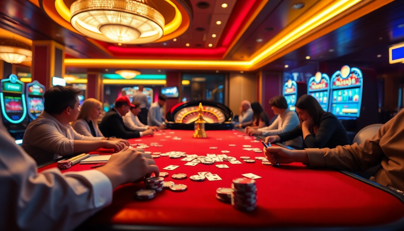 The exciting casino atmosphere at https://luckywinn.us.com/ showcasing vibrant games, poker chips, and roulette wheels.