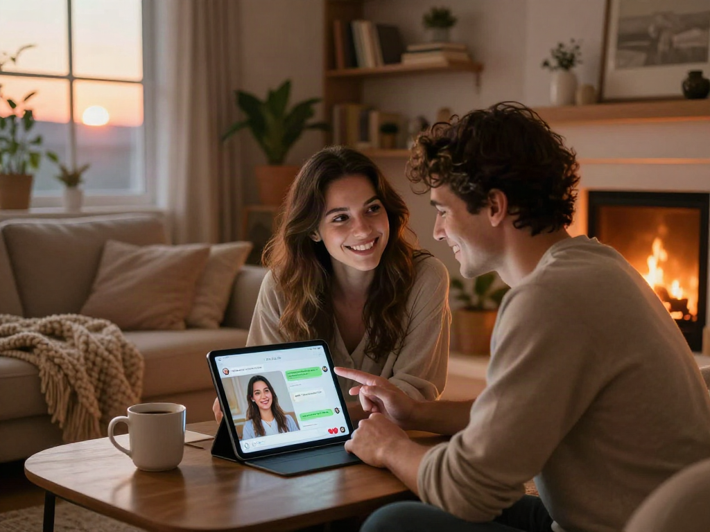 Interactive scene of a couple engaging with an AI girlfriend on a tablet in a warm home setting.