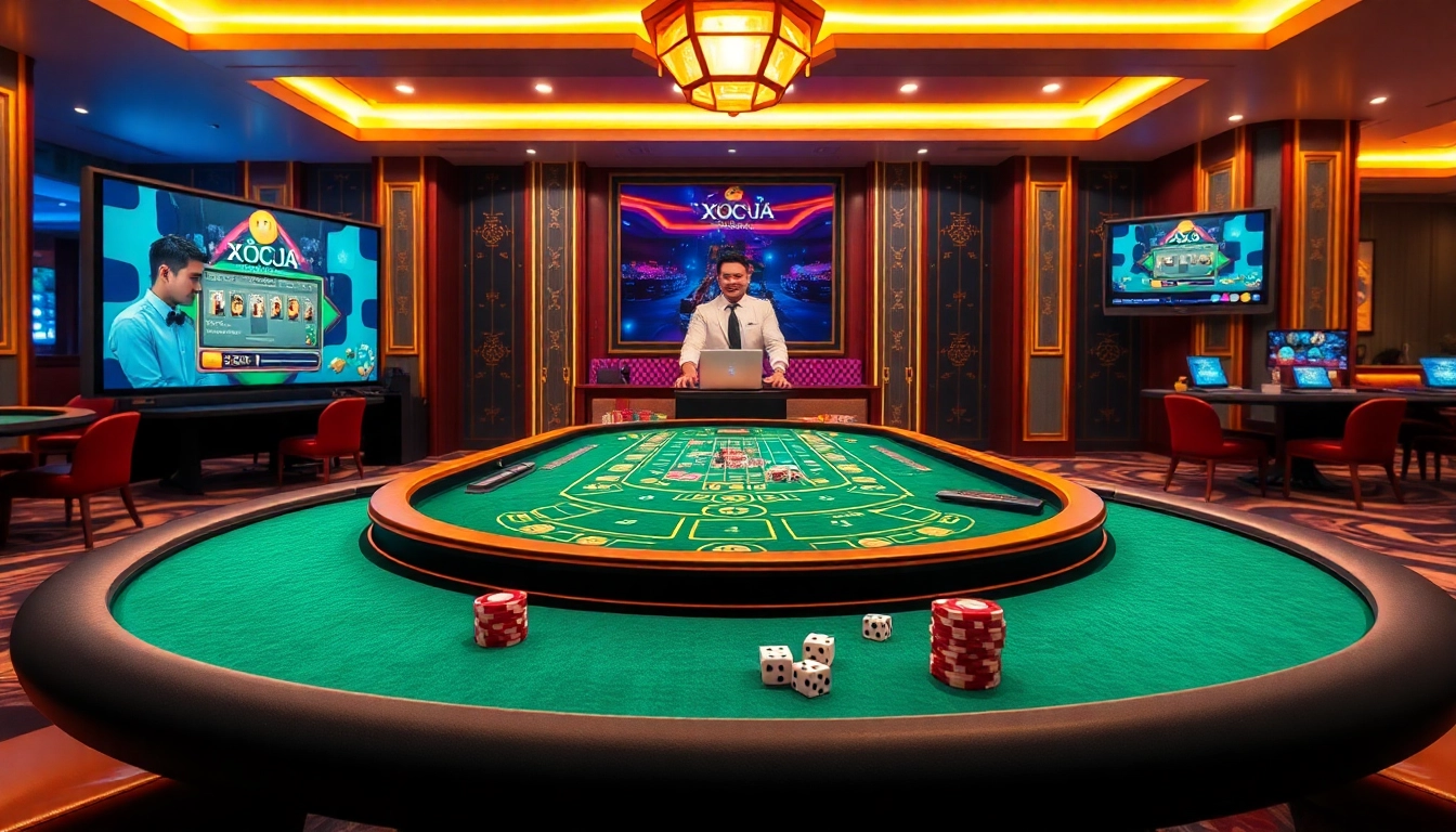 Xóc đĩa online game action at a luxurious casino table with colorful chips and interactive screens.
