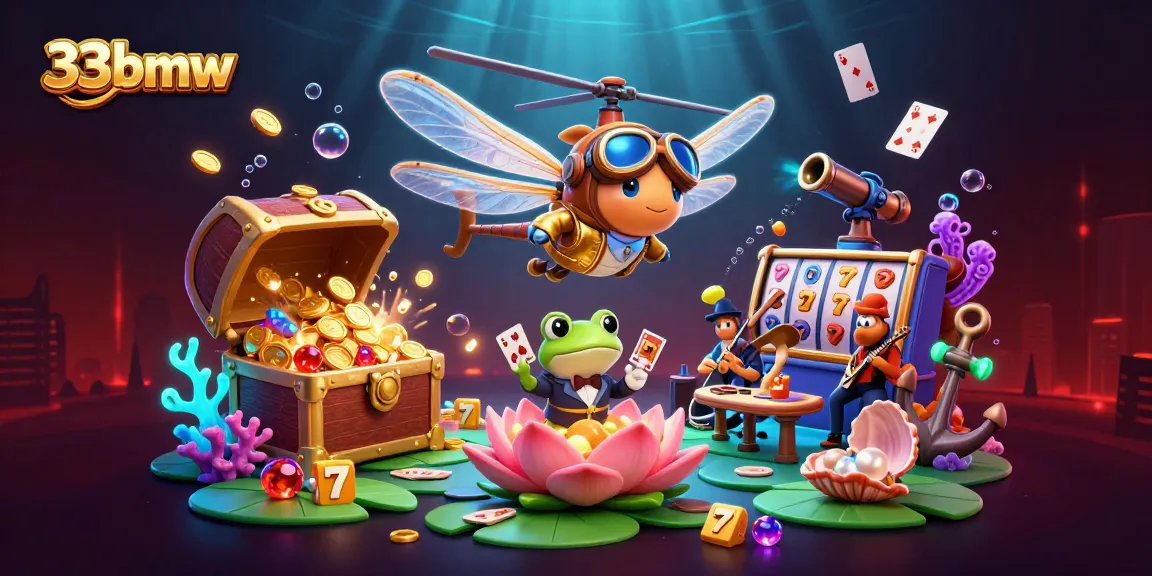 Engage with 33bmw's thrilling casino scene featuring vibrant 3D cartoon characters and exciting gold treasures.