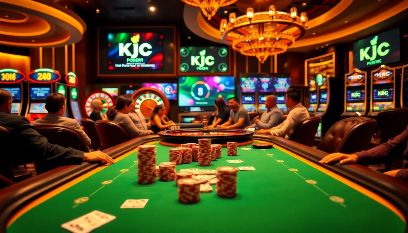 KJC's vibrant poker game scene showcasing high stakes and excitement in a luxurious casino setting.