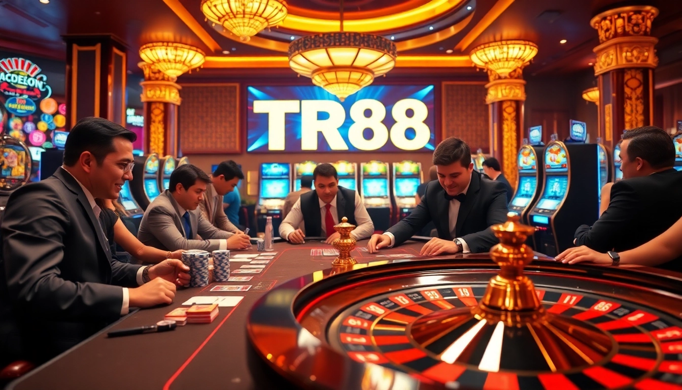 Players engage in high-stakes gambling at a vibrant casino featuring TR88-themed decor.
