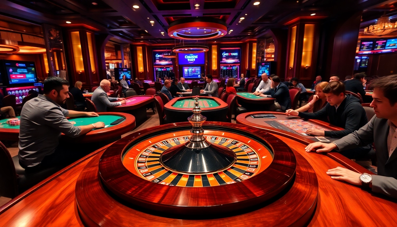 Engage in lô đề uy tín gambling at a vibrant casino with poker tables and roulette wheel.