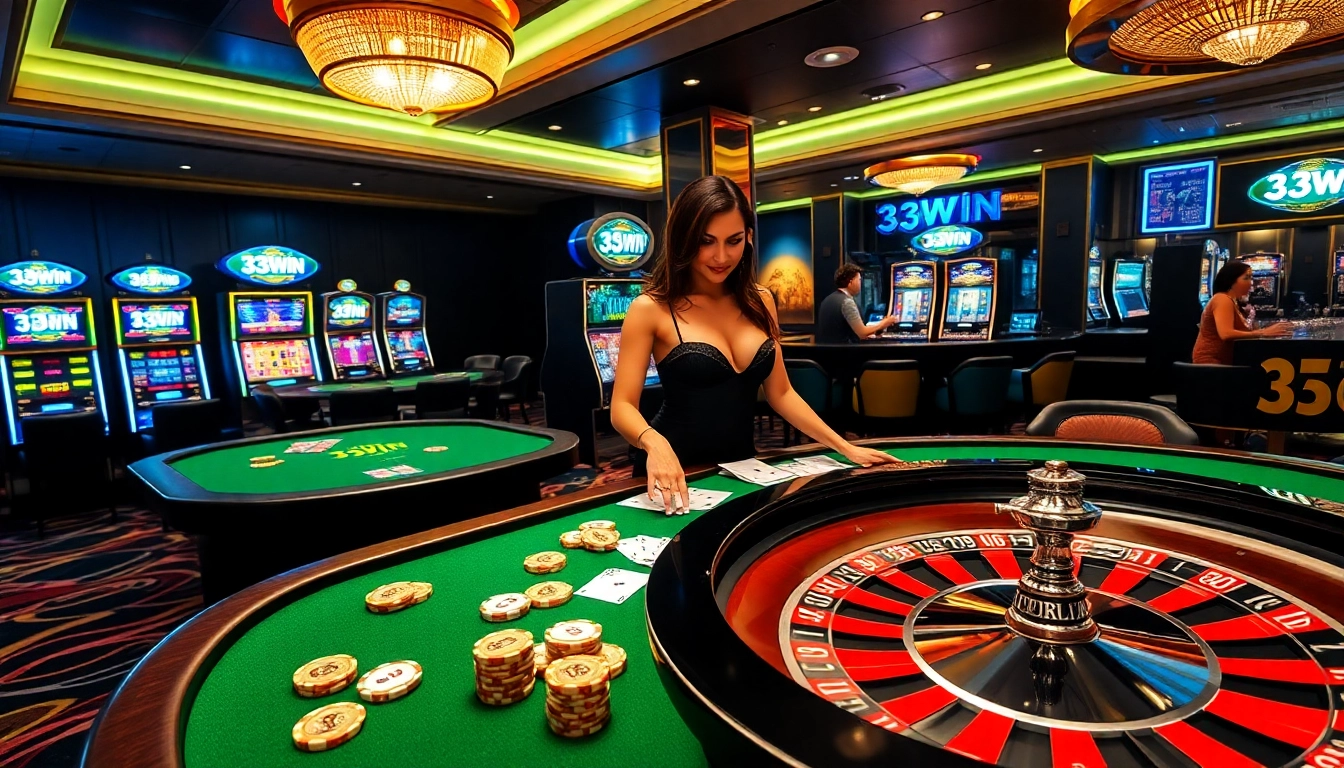 Engage with the thrilling atmosphere of 33WIN in an opulent casino featuring roulette, poker, and slot machines.