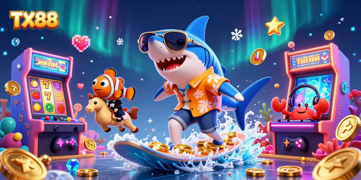 Surf the waves of fortune with TX88's vibrant underwater gaming scene featuring a shark, clownfish, and DJ crab.