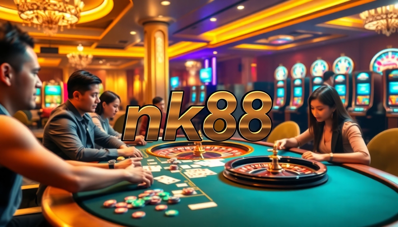 Experience the thrill of nk88 at a vibrant casino table with poker chips and cards.