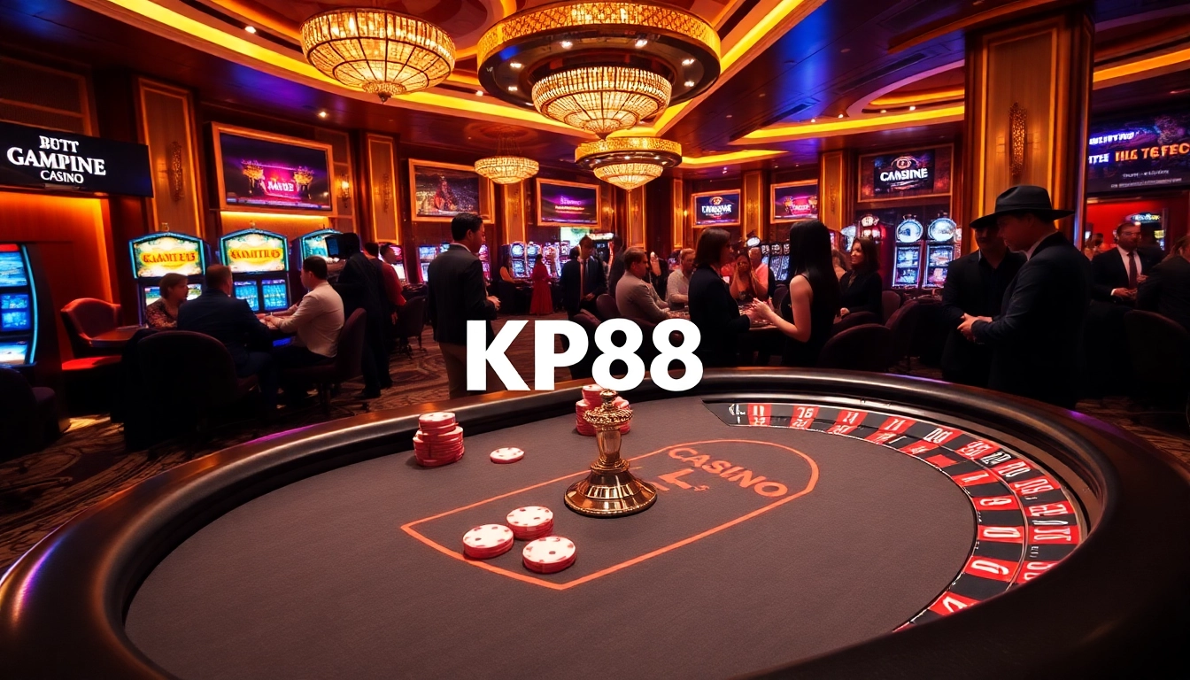 Exciting KP88 casino scene featuring poker tables, roulette wheel, and luxurious ambiance.