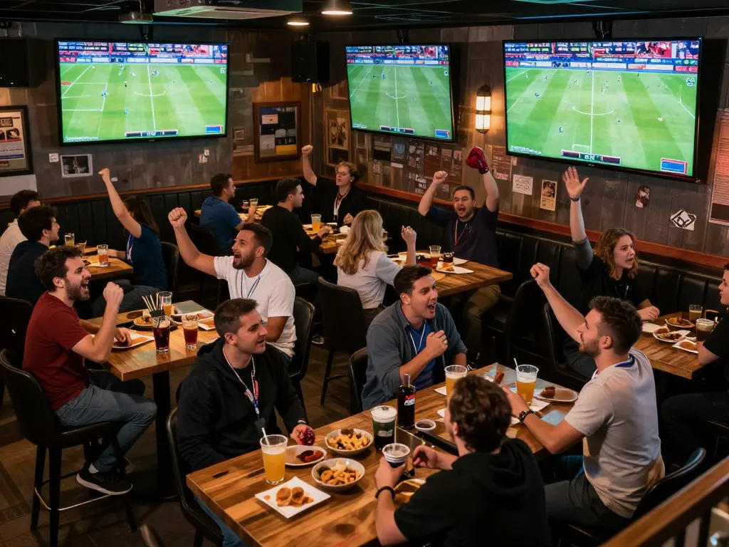 Sports fans cheering while watching ดูบอล at a lively sports bar with multiple screens.