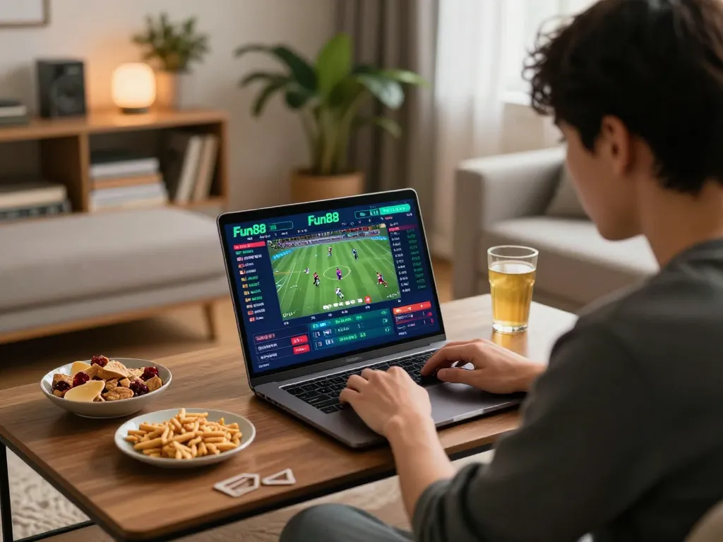 Betting on Fun88 sports event with excitement displayed in a cozy home setup.