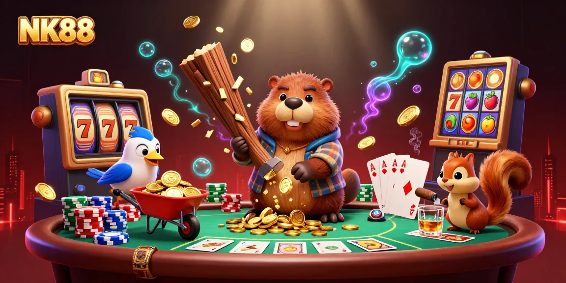 Collect coins and win with NK88, featuring a lively casino illustration of characters engaged in a dynamic poker game.
