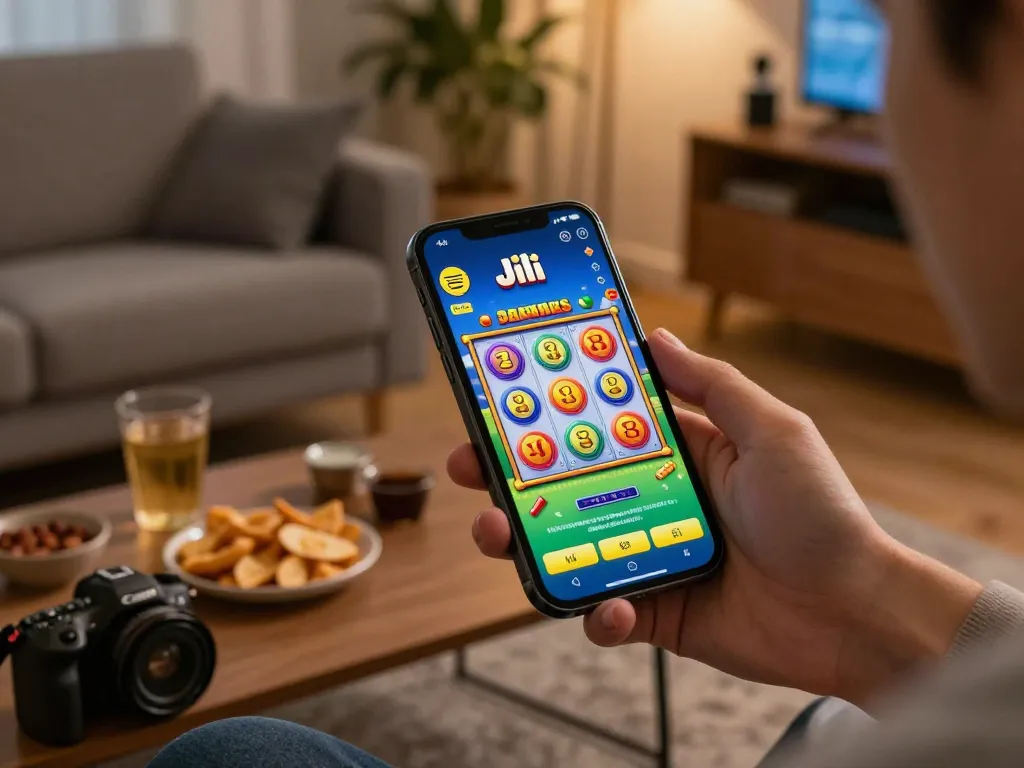 Engaging gameplay of Jili games on a smartphone in a cozy home setting with lively slot reels