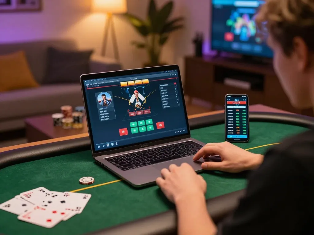 Lc88 user engrossed in exciting poker gameplay on a laptop, surrounded by gaming strategies and a cozy atmosphere.