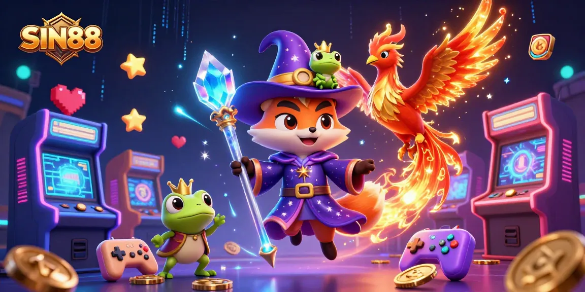 SIN88 interactive gaming scene featuring a mystical wizard fox and a phoenix illuminating the casino experience.