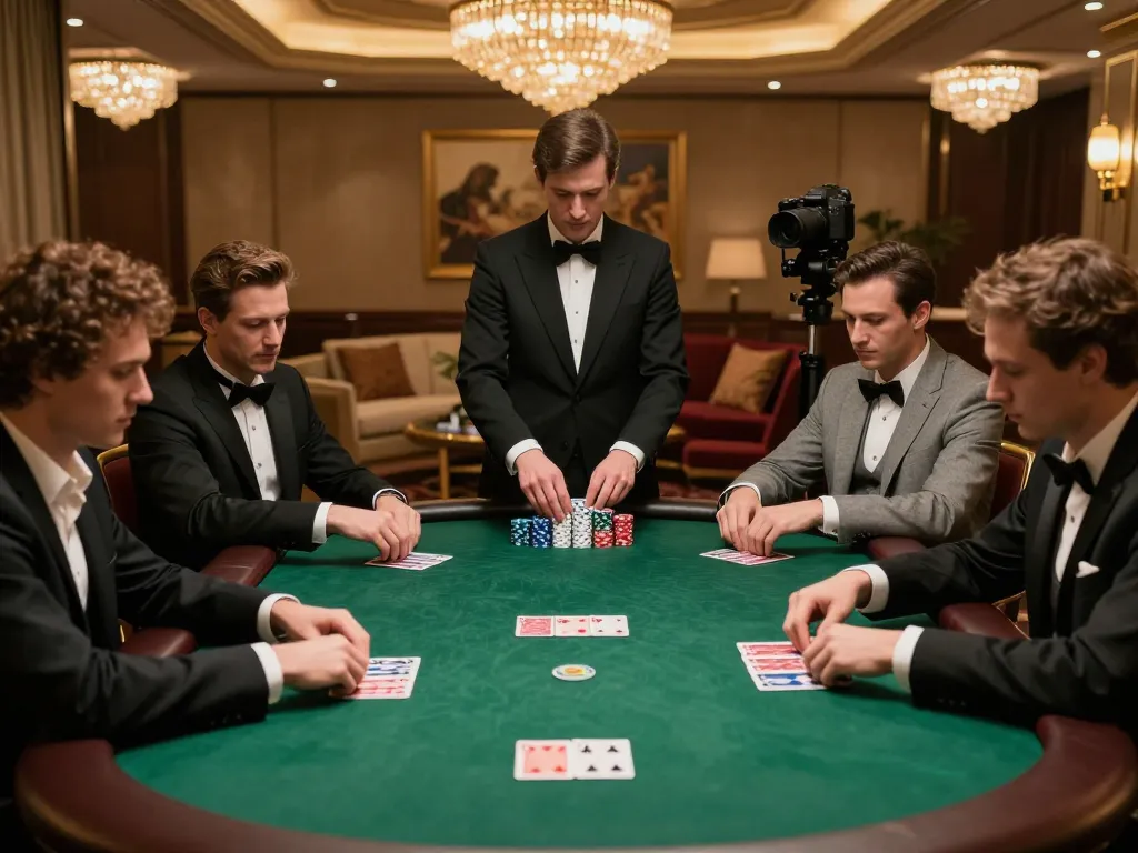 A thrilling poker game in a luxurious VIP room showcases strategic gameplay with bu88 chips stacked high.