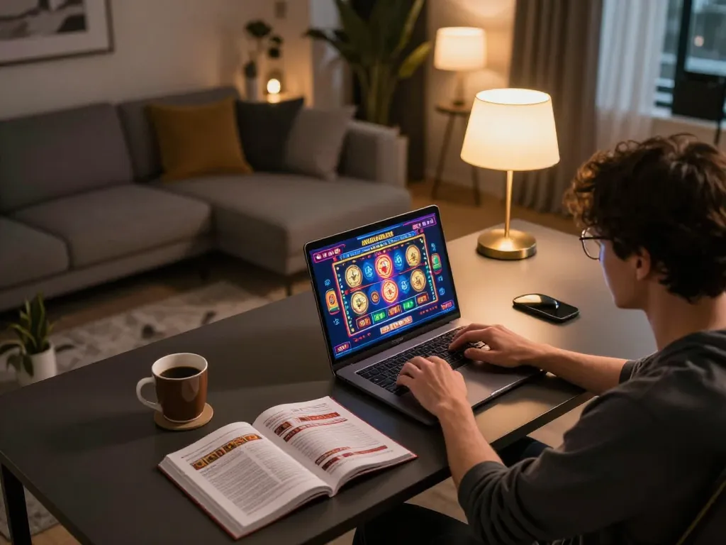 Engaged player strategy using jun88 online casino games on a laptop in a cozy setting