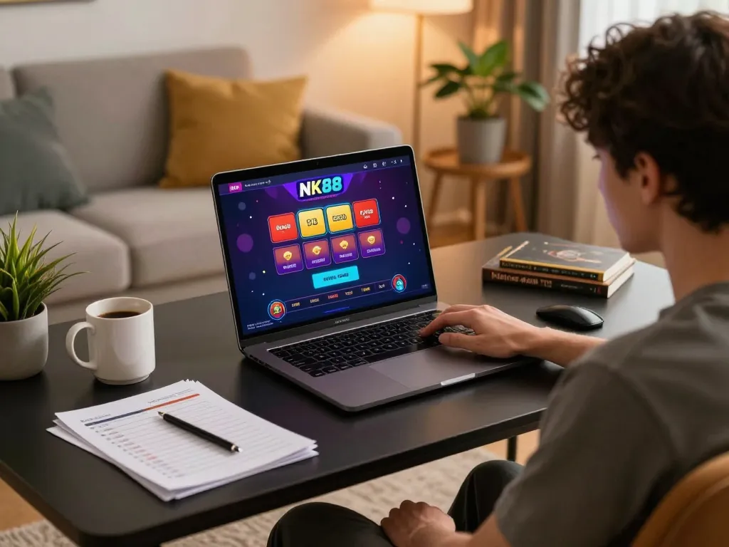 Player immersed in NK88 online casino gaming strategy at home desk, showcasing a focused yet relaxed atmosphere.