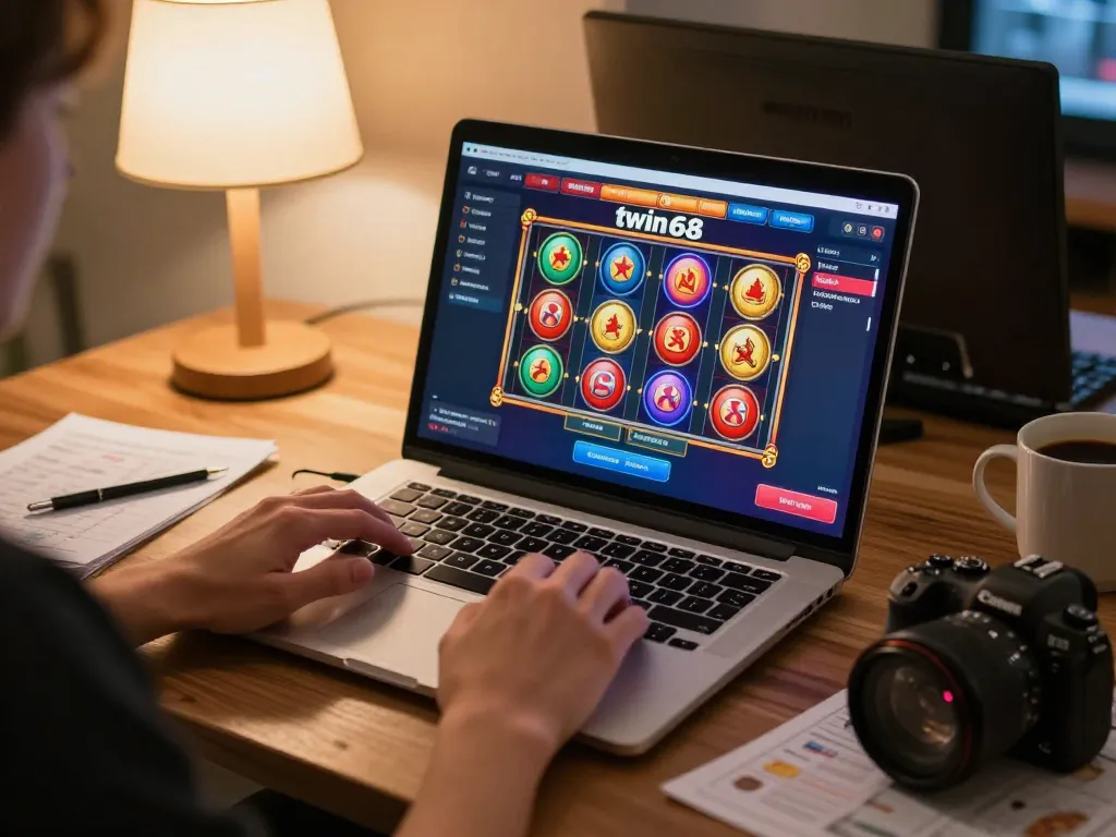 Engaging with twin68 online casino gameplay on a modern laptop at home