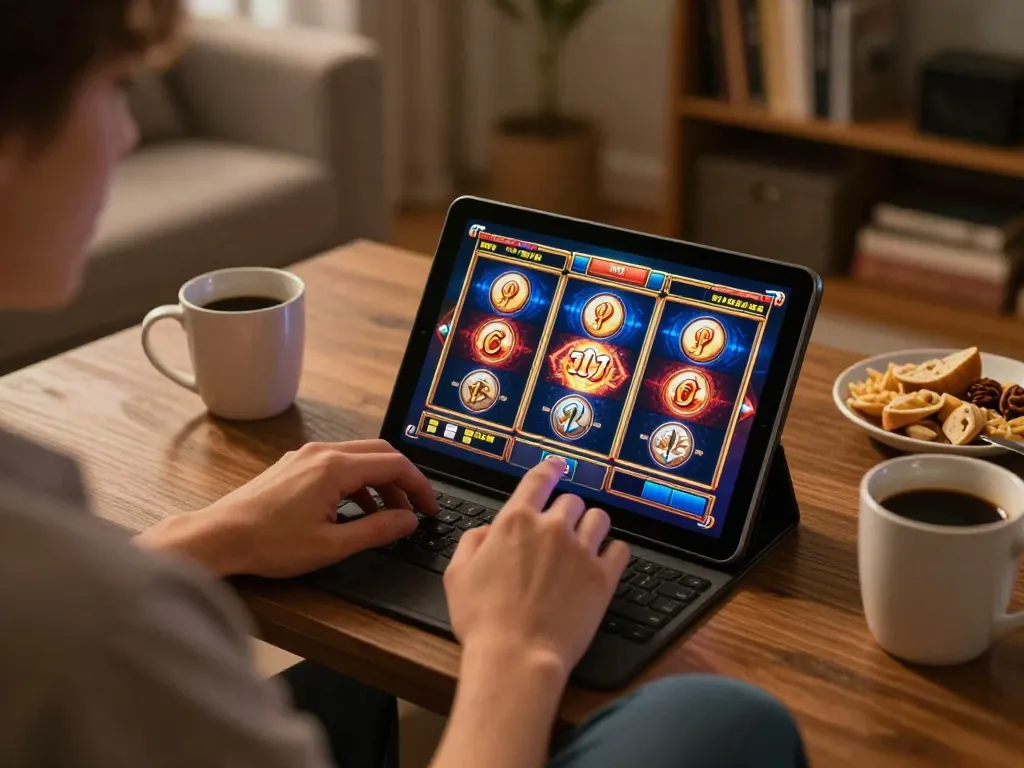 Engaging in oli4d daftar while playing slots on a tablet in a cozy home setting.