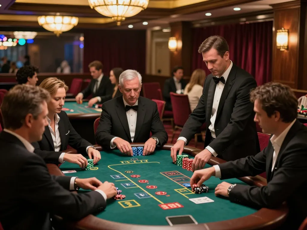 Players engaging at blackjack tables in an upscale casino, showcasing 577F's exciting gambling atmosphere