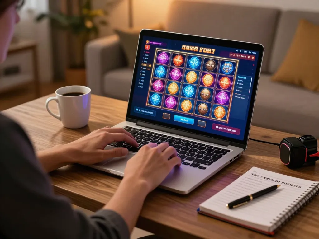 Engaging in online casino gaming at home using open88 on a laptop, showcasing cozy atmosphere and strategy notes.