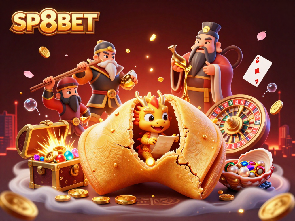 SP8BET brings excitement with a golden fortune cookie and dynamic casino elements in this vibrant illustration.
