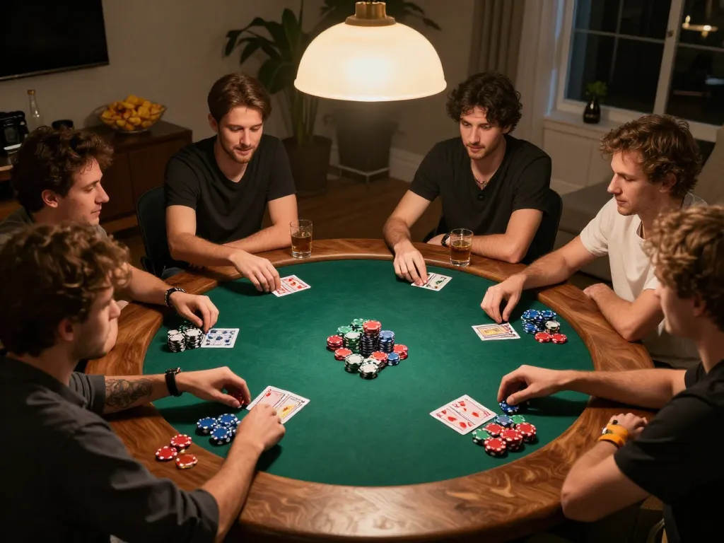 Friends playing poker at home, showcasing hytw3339net's vibrant social game atmosphere.