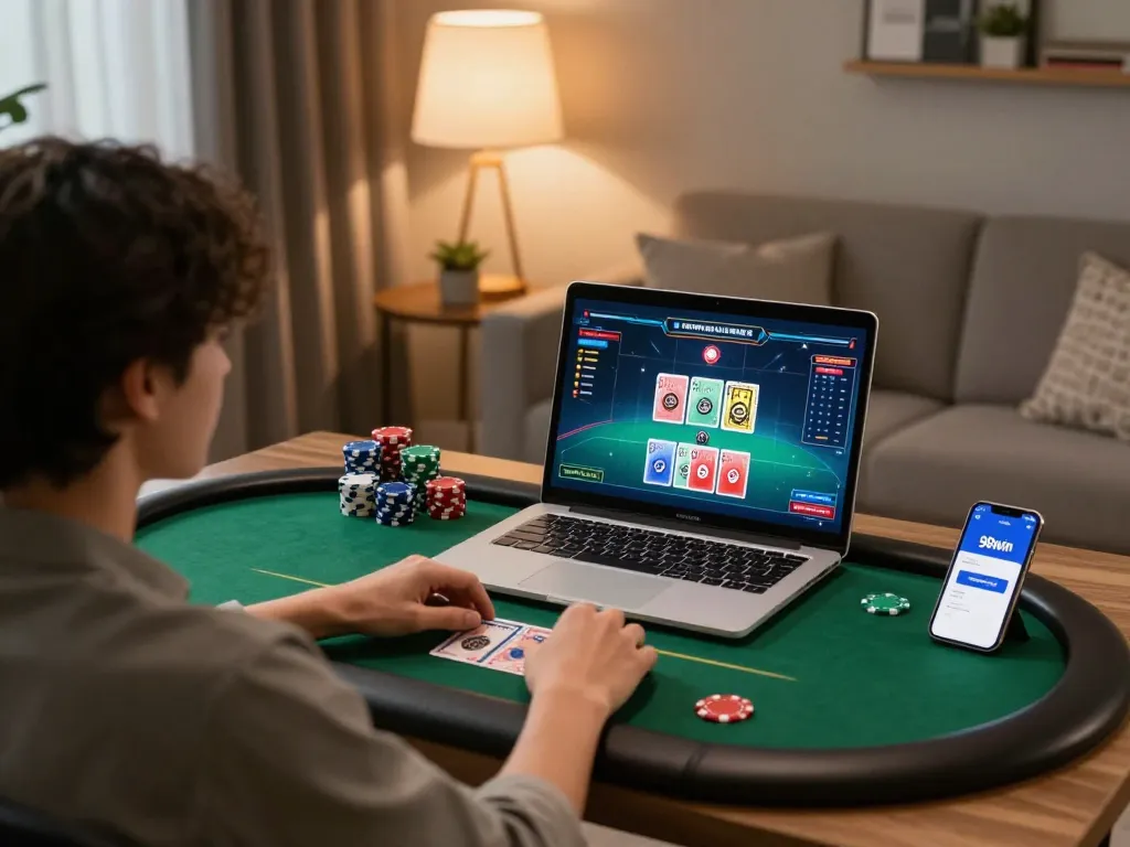 Player engages in an online poker game on 98win app in a cozy home environment