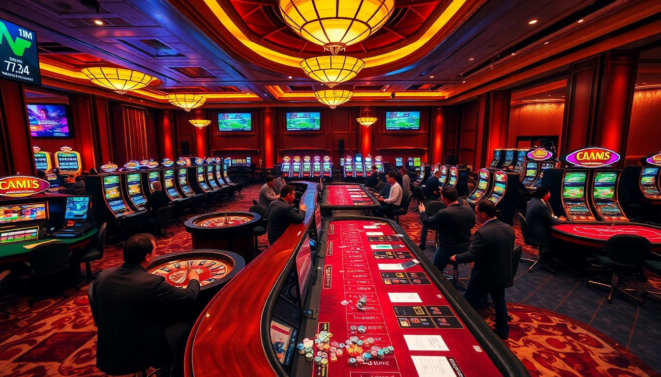 Gamblers enjoying a thrilling moment at a luxurious casino, featuring 7M live score screens.
