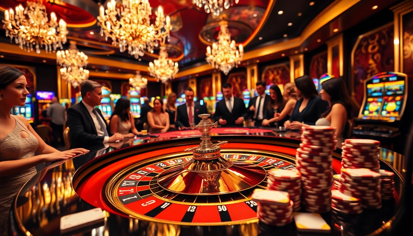 Gamblers enjoying high-stakes action at Bay789's luxurious roulette table in a glamorous casino setting.