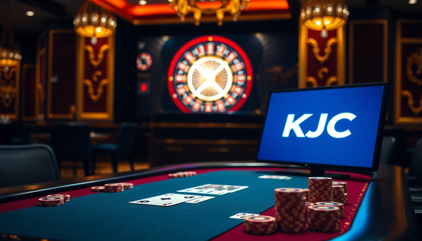 KJC logo shines at an opulent poker table, enhancing the gambling excitement.