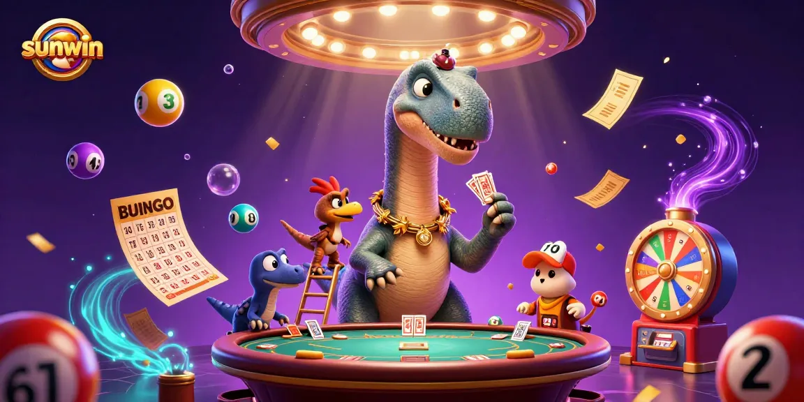 Join the excitement at sunwin with vibrant casino characters amidst dynamic game action and lottery fun.