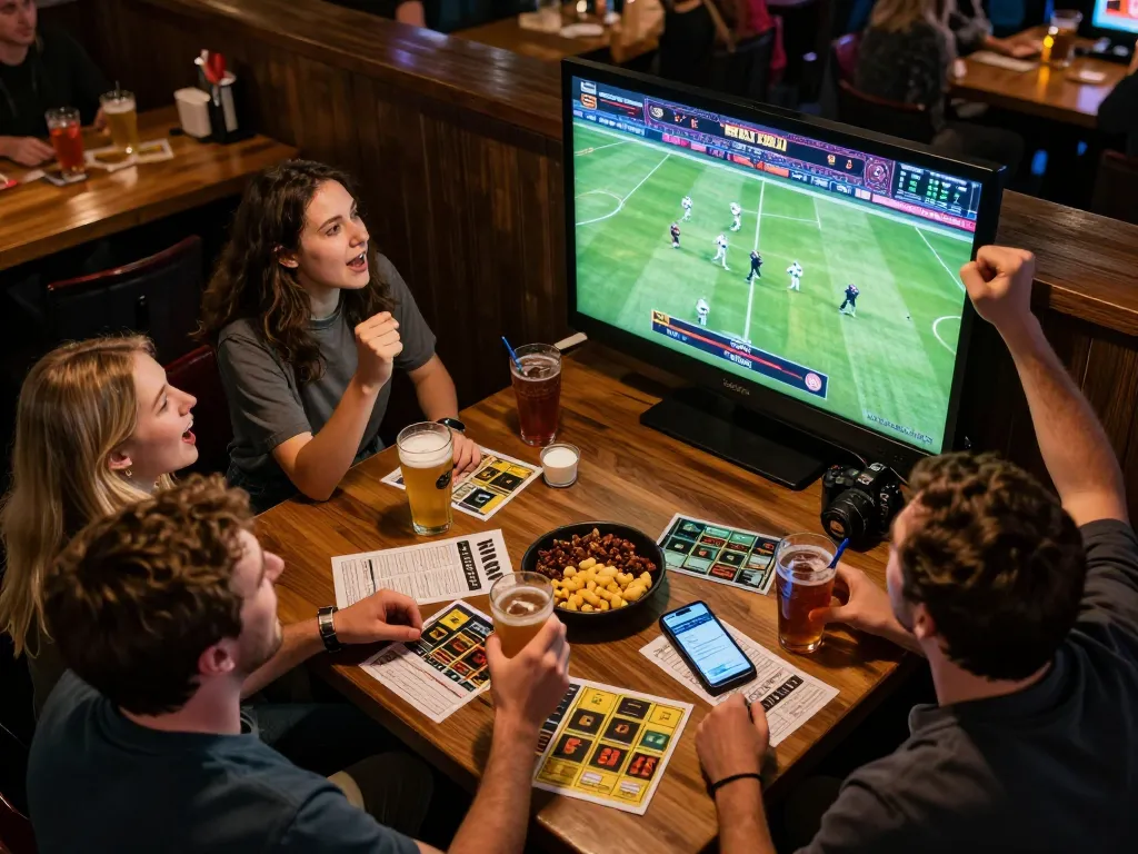 KJC teammates celebrate a winning sports bet in a lively bar environment.