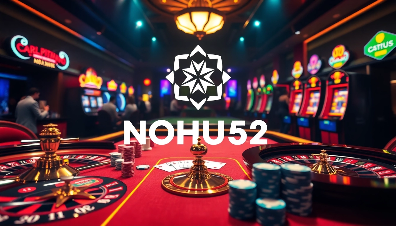 Engaging scene of players enjoying games at NOHU52 online casino, showcasing roulette and poker elements.