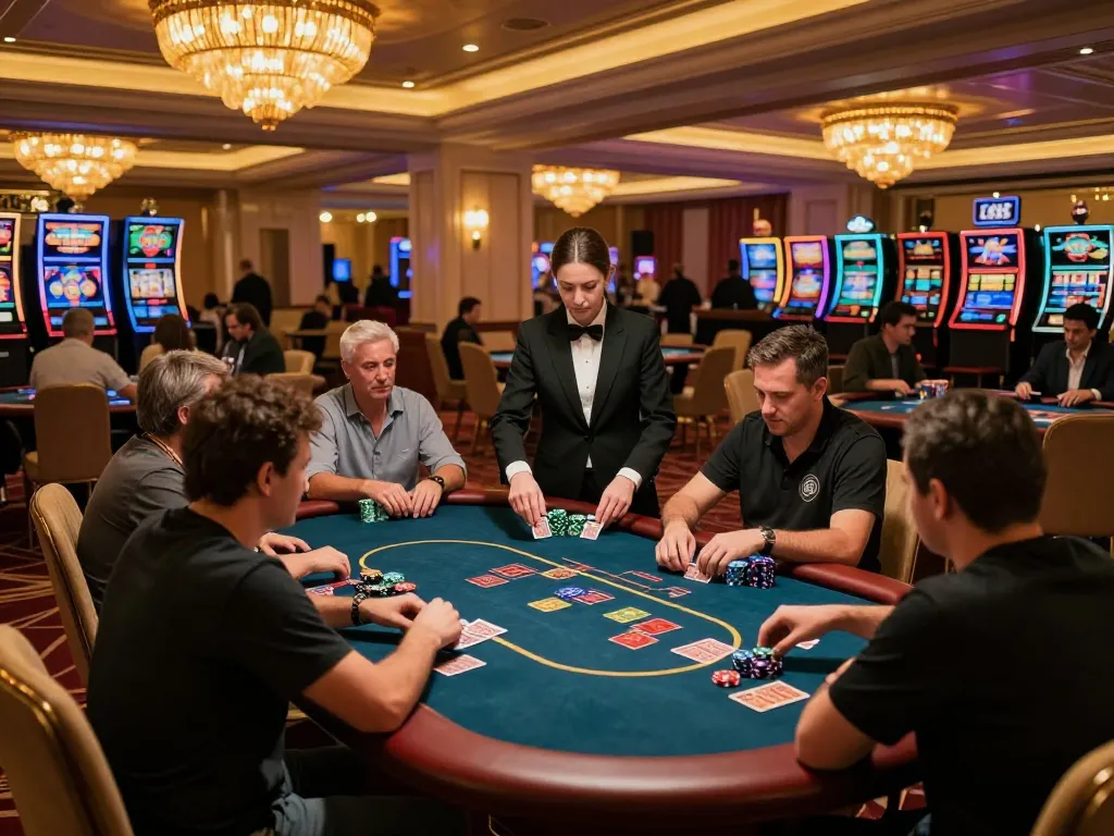 Players enjoy an energetic game at LC88 casino tables with vibrant chips and cards.