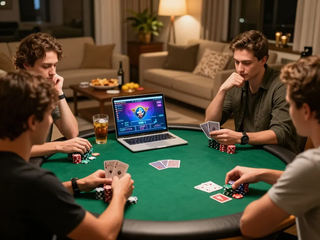 Friends enjoying a strategic poker night at home, showcasing the tg88 online gaming experience with cards and chips on table