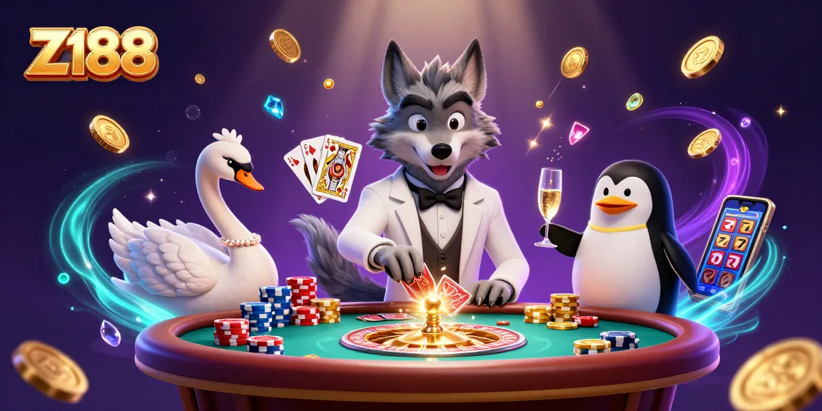 Engage in a thrilling Z188 casino scene with a debonair wolf at a baccarat table surrounded by vibrant gaming elements.