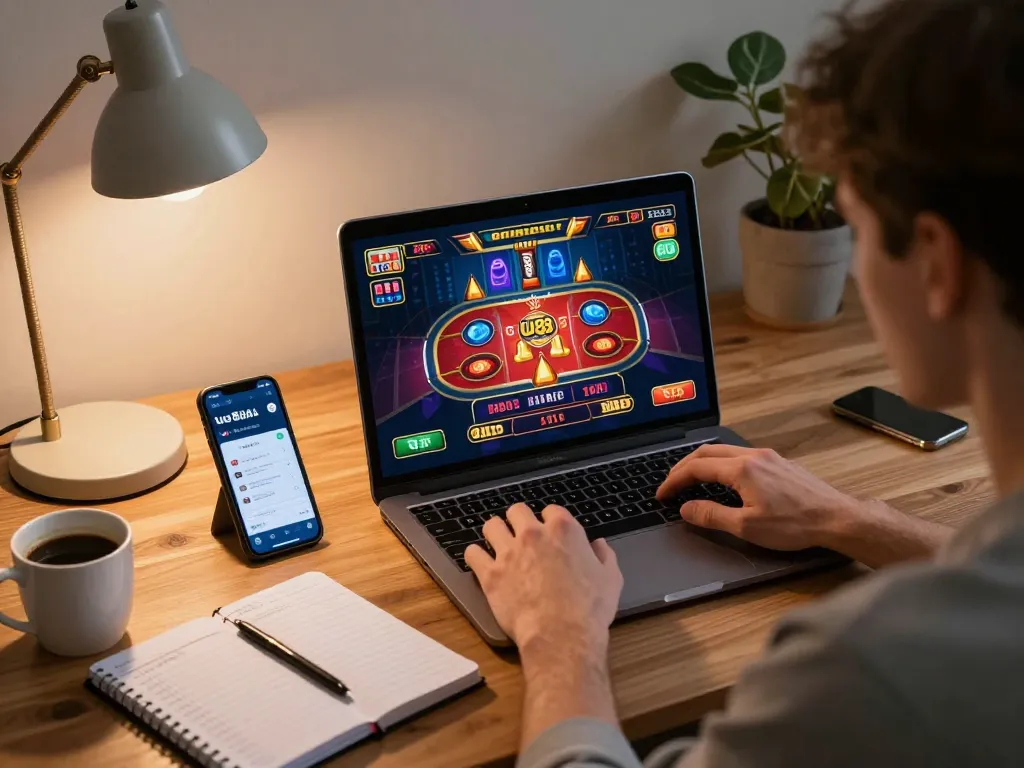 Player engaging with uu88 online casino app on laptop during a cozy home gaming session.