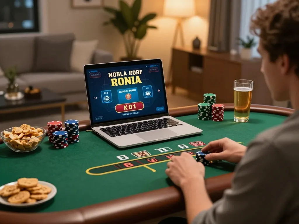 Player enjoys THABET online blackjack, highlighting strategic gameplay in a cozy home setup.